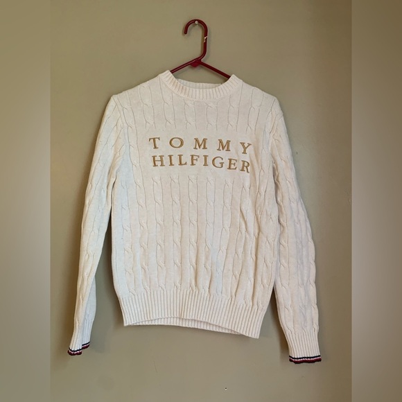 Tommy Hilfiger Sweaters - Tommy Hilfiger cable knit sweater shirt classic cream Tommy logo embroidered y2k